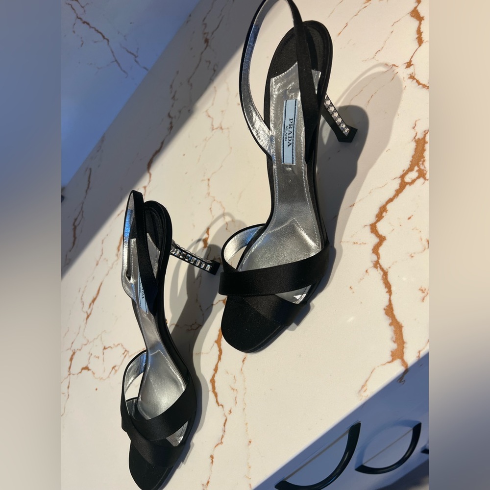 Black, studded Prada sling back sandal. 3in heel. Brand new, never worn.